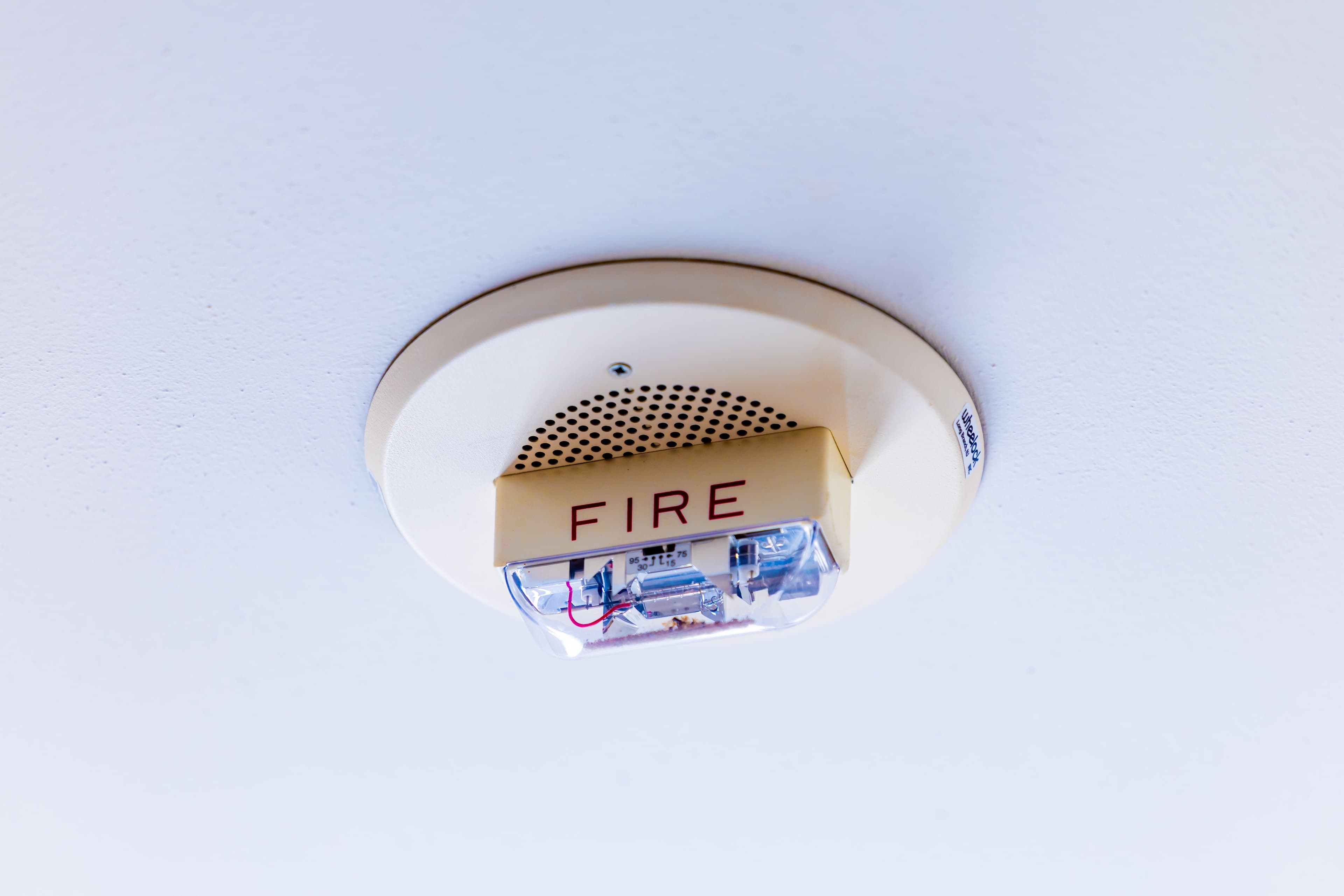 A smoke alarm mounted on a ceiling